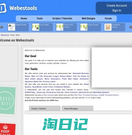 Webestools : free online tools for webmasters services, counters of pages views visits visitors clicks live scripts and tutorials php javascript mysql html css flash photoshop tutorials generators banners buttons images web 2.0 animated images maker guestbook news system survey tchat ajax free webmasters tools online menu userbar signatures... - Webestools